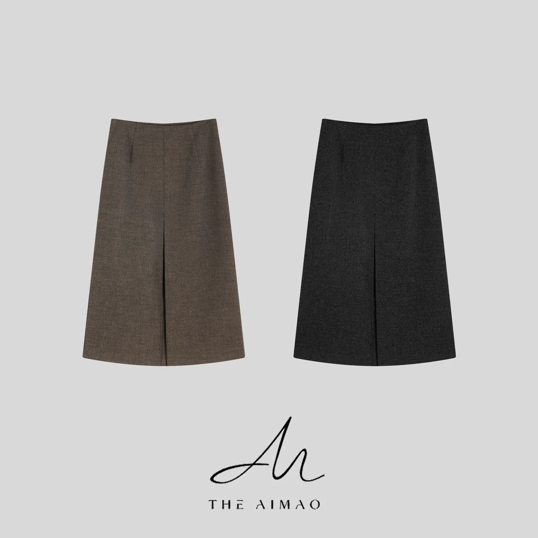 【THE AIMAO】“摩登年代”人棉混纺时髦压褶开叉直筒半身裙XYX82700