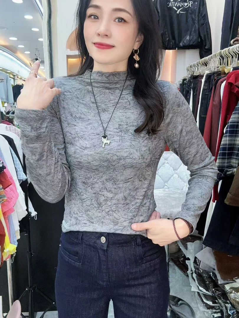 【秀家】2025高品质中高领印花显瘦打底单穿长袖棉弹力上衣配项链