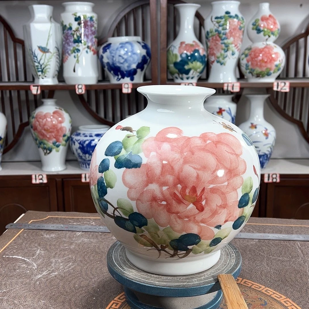 摆件景德镇陶瓷石红牡花
