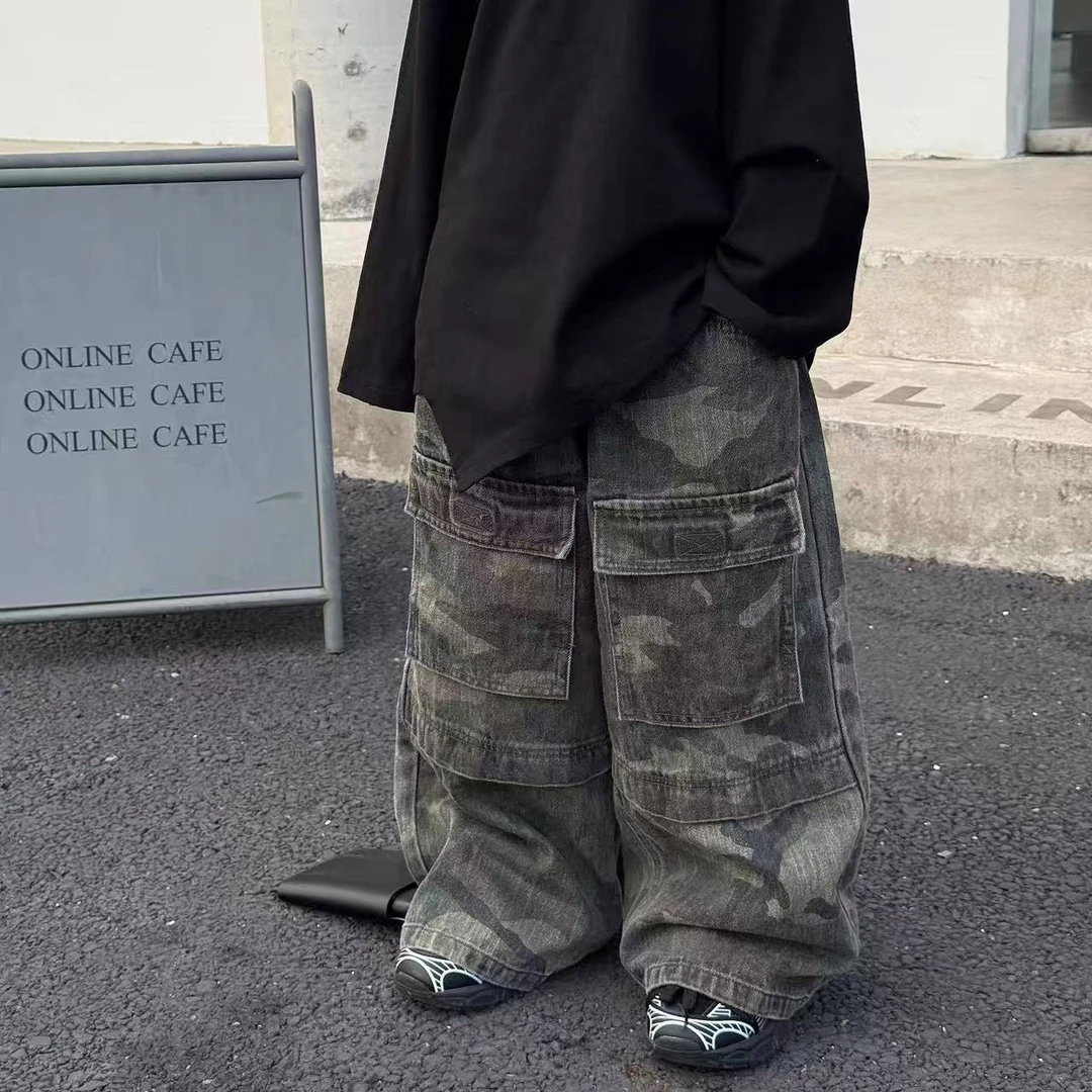 男童裤子2025新款男宝宝百搭直筒长裤儿童秋季美式复古工装迷彩裤