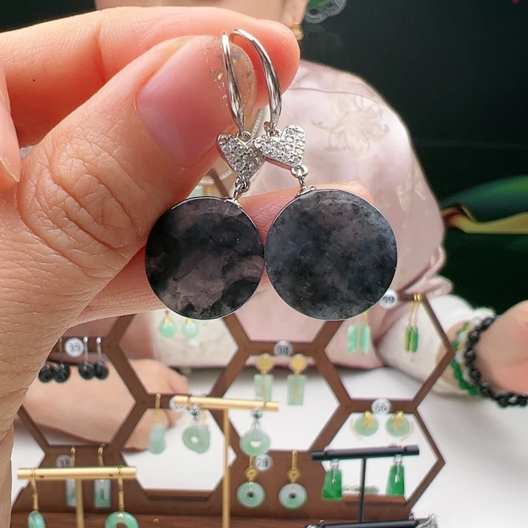 翡翠耳饰银S925镶嵌天然翡翠