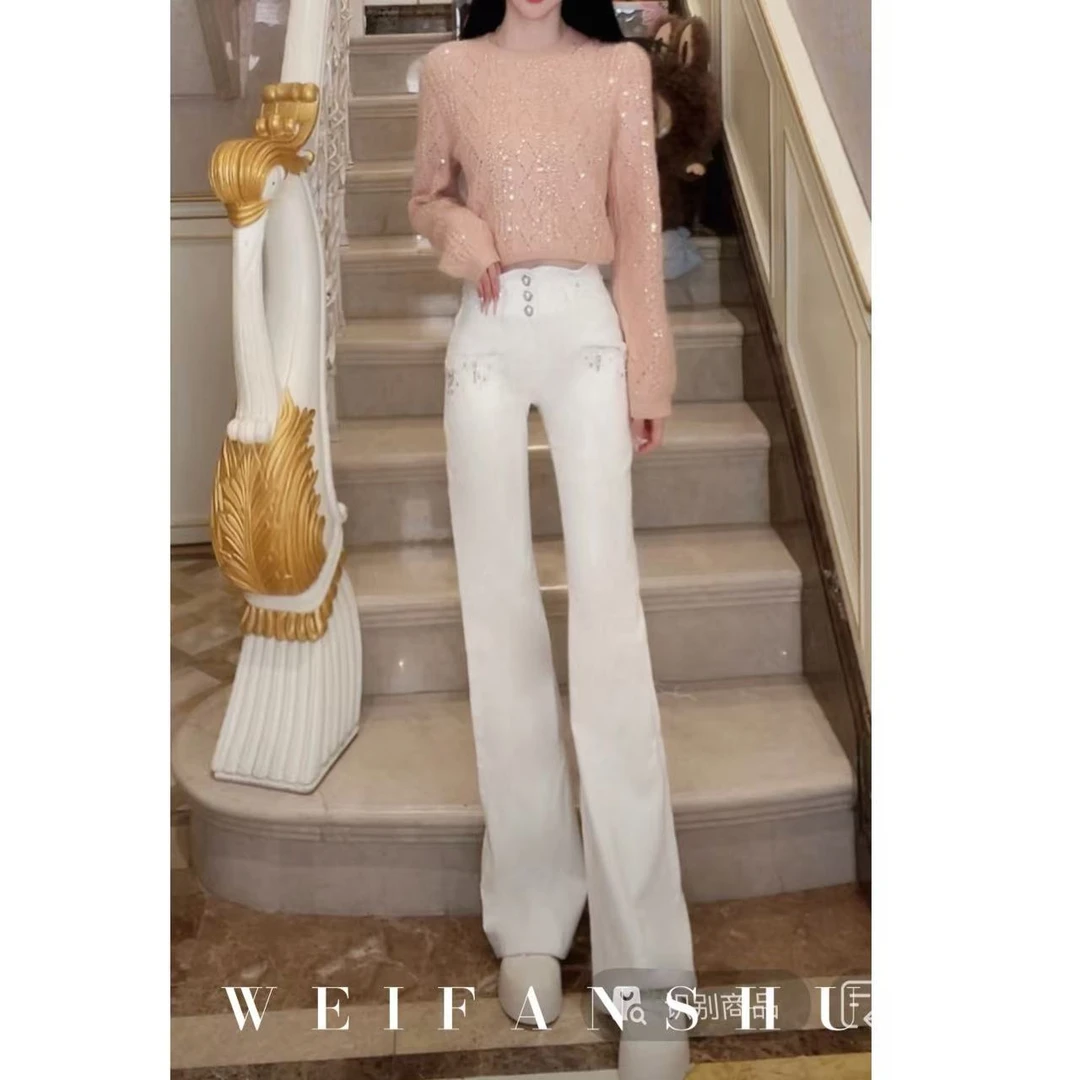 WEIFANSHU/魏凡舒【长腿星人】秋冬新款设计感微喇显瘦加绒牛仔裤