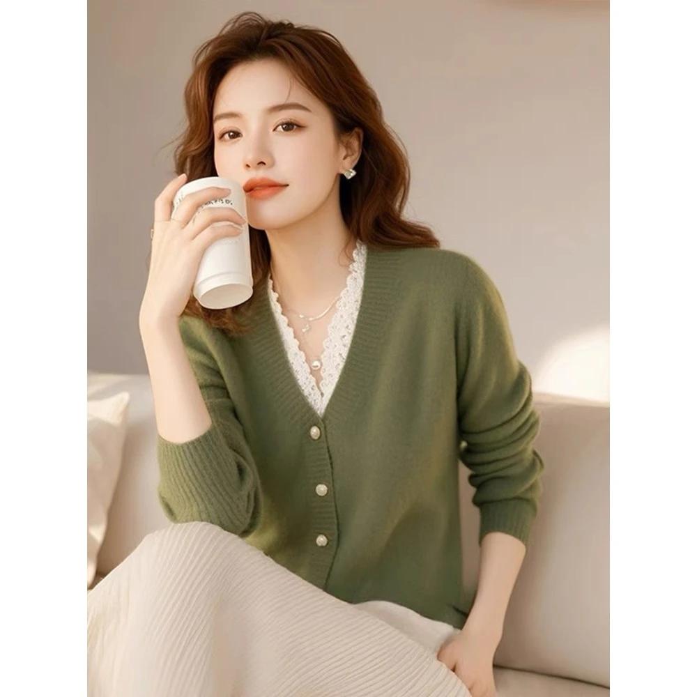 轻熟风绿色拼接长袖针织开衫女装2024秋冬新款优雅气质假两件毛衣