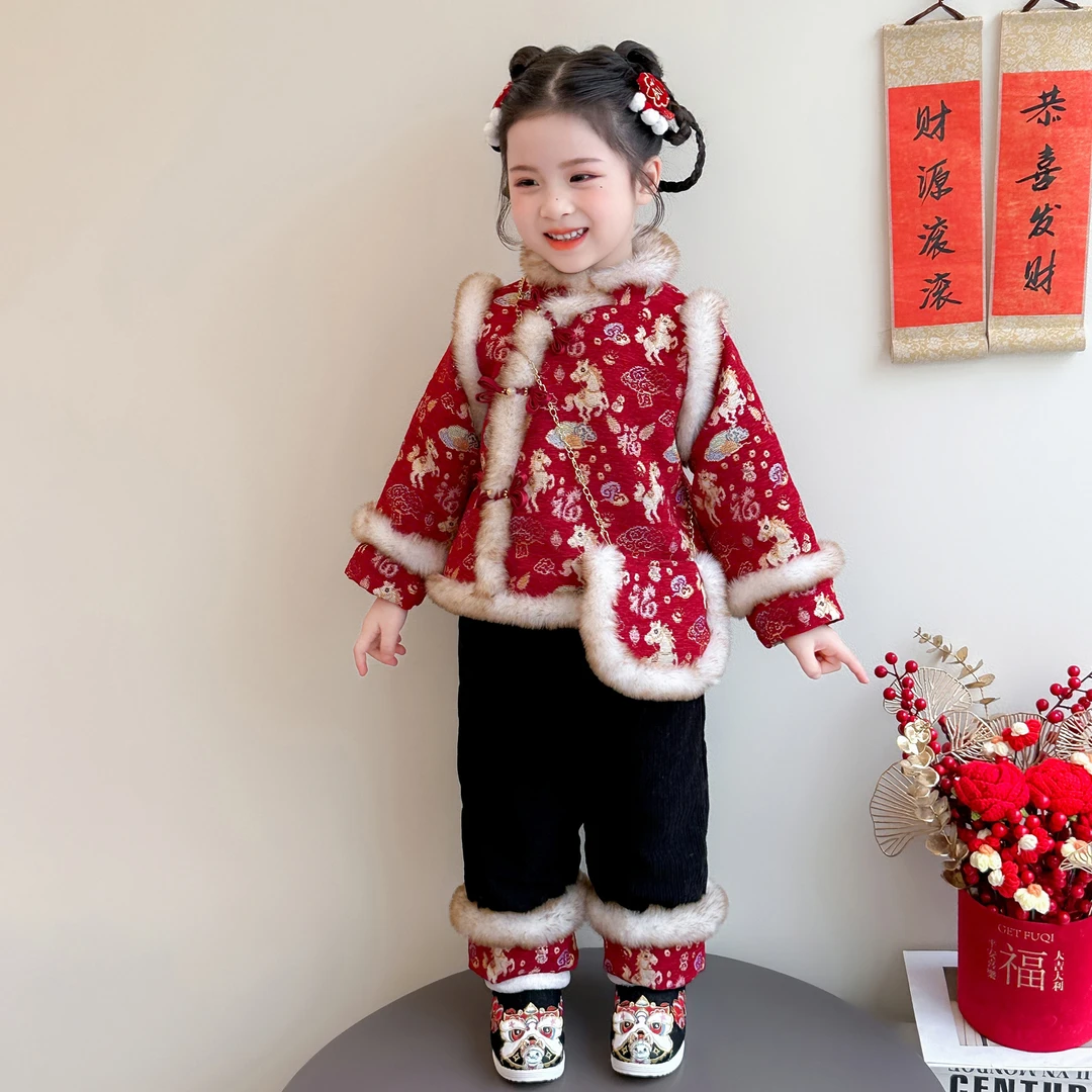 汉服女童喜庆国风加绒套装冬2026马年儿童拜年服宝宝中式过年衣服
