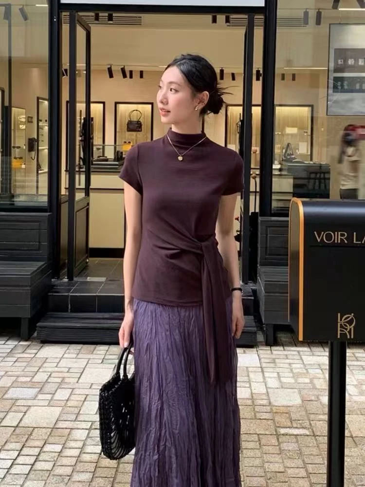 韩系简约纯色绑带设计感短袖T恤女2025早秋修身显瘦打底衫8811#