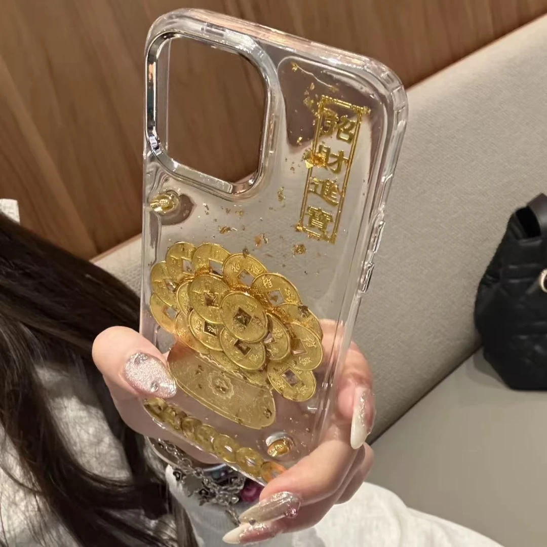 金箔铜钱聚宝盆适用iPhone16promax个性苹果15手机壳趣味14男女13