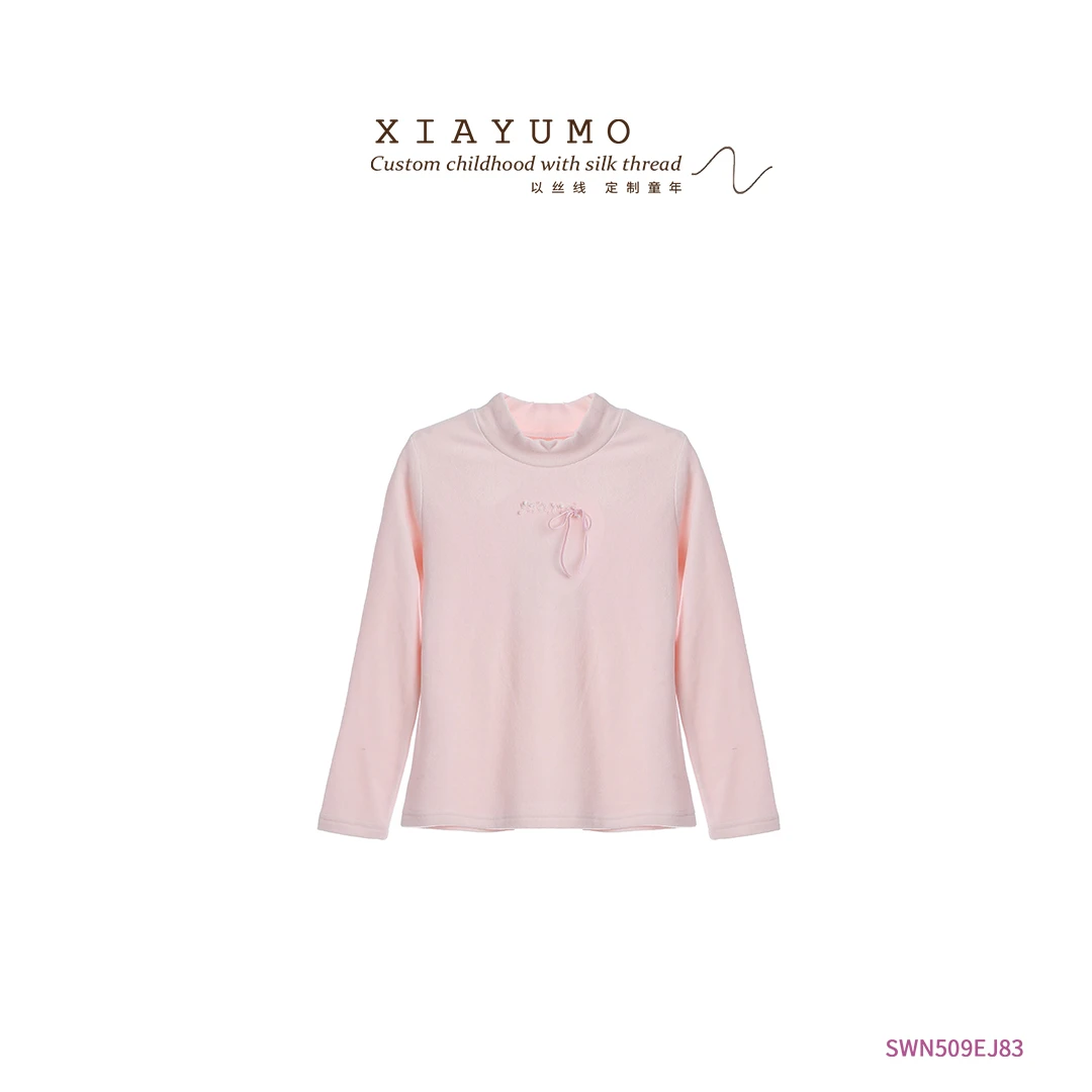 夏羽墨女童秋季上新粉色毛茸茸蝴蝶结打底上衣时尚百搭可爱慕斯