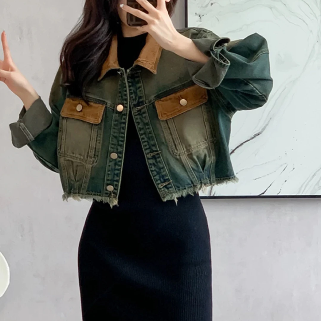 225 复古港风潮牌拼接设计高级感牛仔外套（LZZ01）