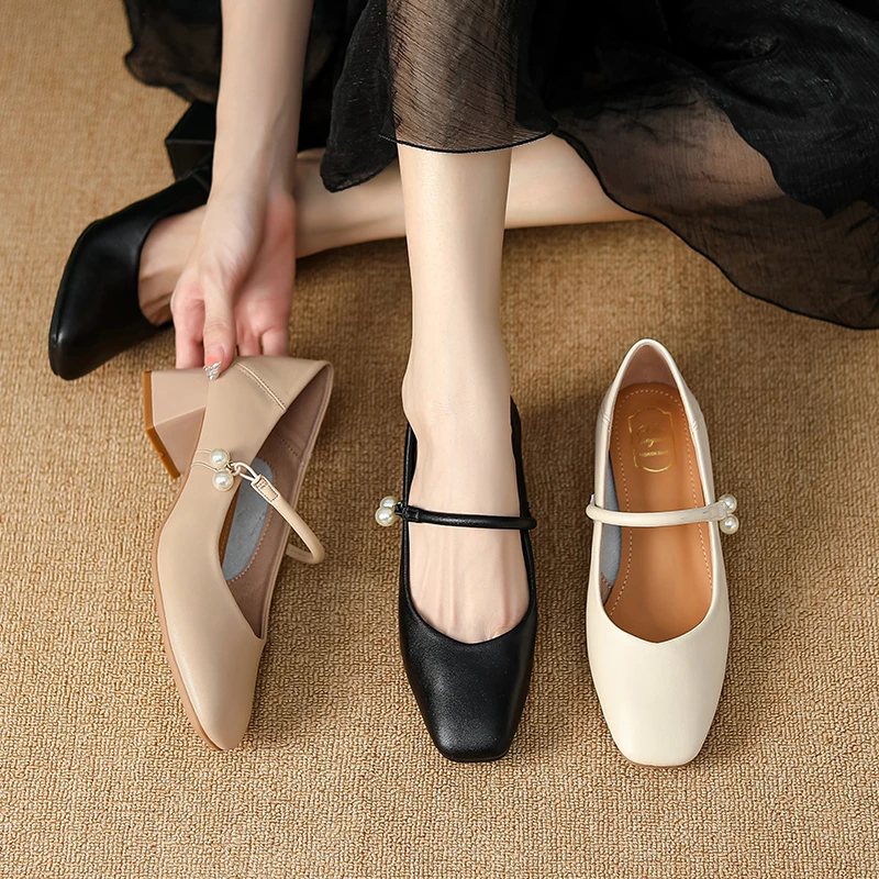 真皮法式气质温柔粗跟方头新款玛丽珍鞋软底浅口单鞋通勤工作鞋女