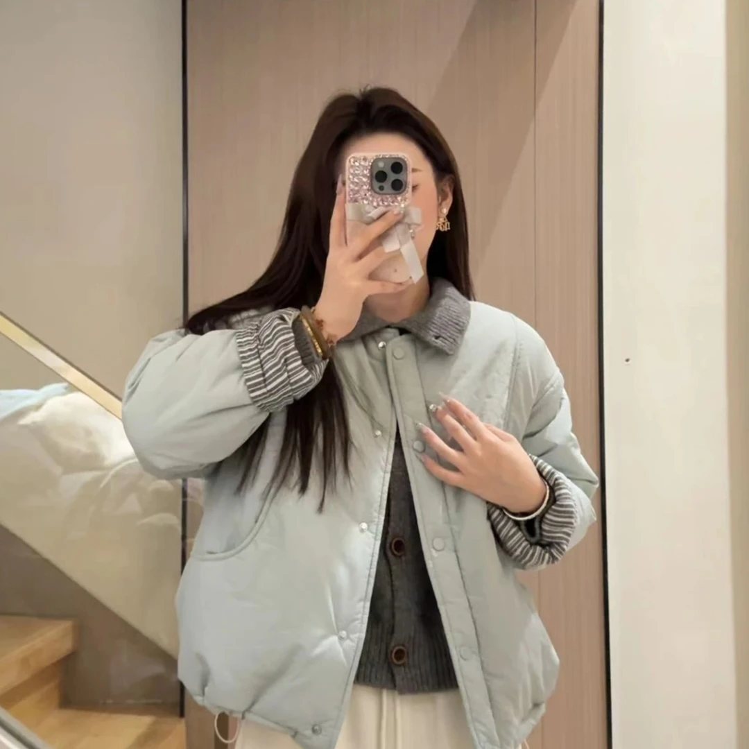 韩系百搭宽松短款棉服外套女秋冬新款简约休闲圆领长袖面包服上衣