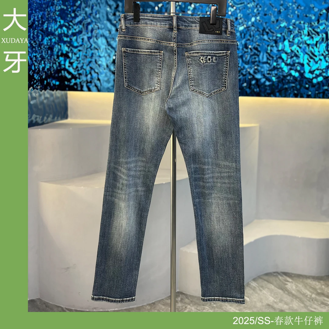 【大牙】315#蔚蓝色假破洞牛仔裤男2025春夏刀割破洞补丁修身小直筒