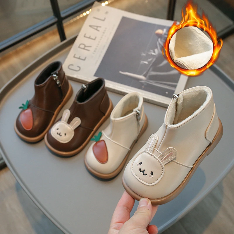 女童靴子秋冬新款可爱兔子萝卜二棉加绒短靴时尚宝宝小童鞋2302