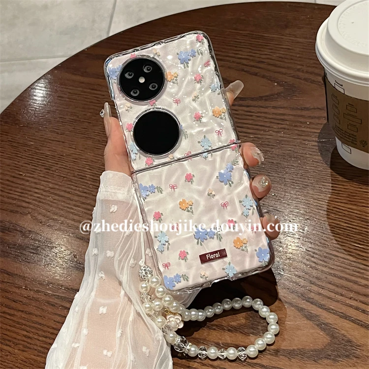 适用华为p50pocket手机壳pocket2折叠屏透明褶皱花朵链条保护壳女