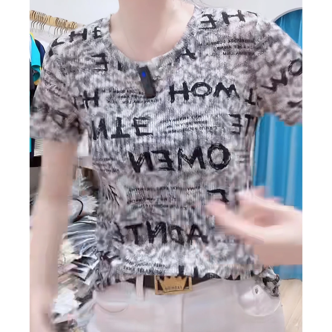 2025春夏时尚新款印花字母圆领T恤女轻职风修身显瘦短款百搭