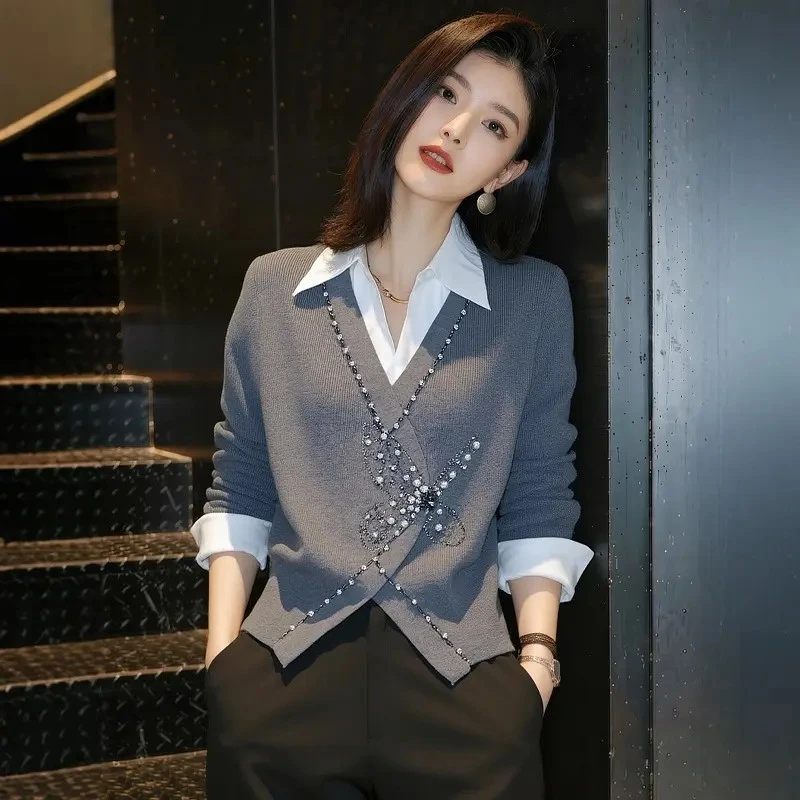 灰色假两件毛衣女士春秋季气质宽松显瘦重工钉珠设计感针织衫上衣