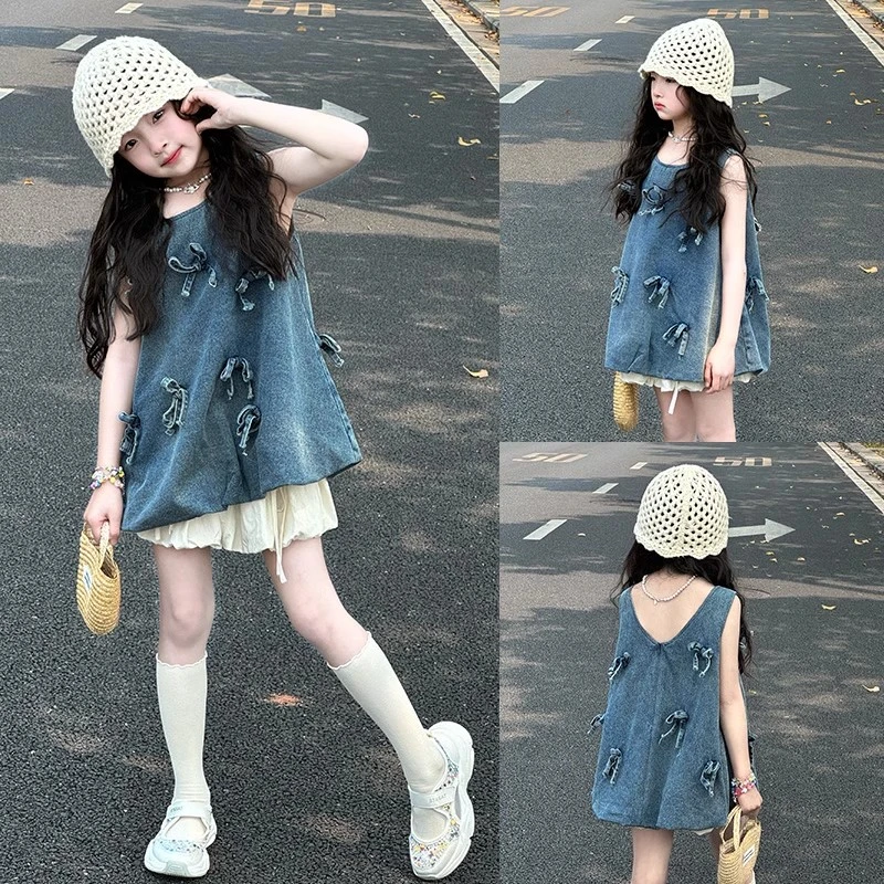女童夏装套装2025新款裙子儿童网红洋气花苞裙女孩夏季牛仔连衣裙