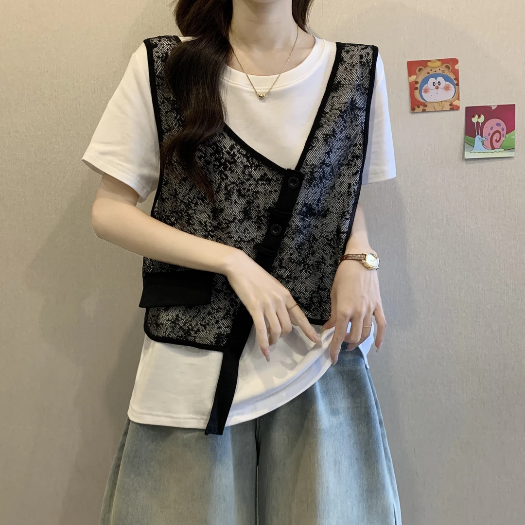 大码女装假两件蕾丝拼接短袖T恤女夏季胖mm宽松显瘦别致正肩上衣