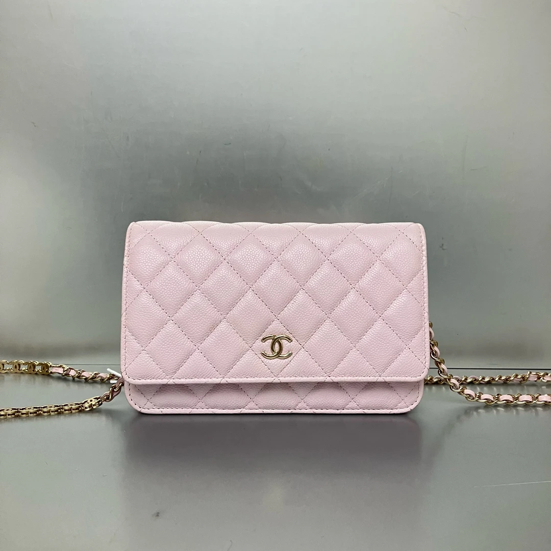 99新 LouisVuitton/路易威登  香奈儿 浅粉色荔枝纹发财woc 99新