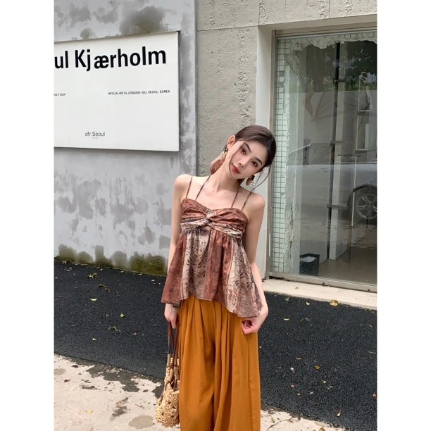 【赵小小&罗马午后】28767 水墨画无袖吊带设计感不规则扭结上衣女