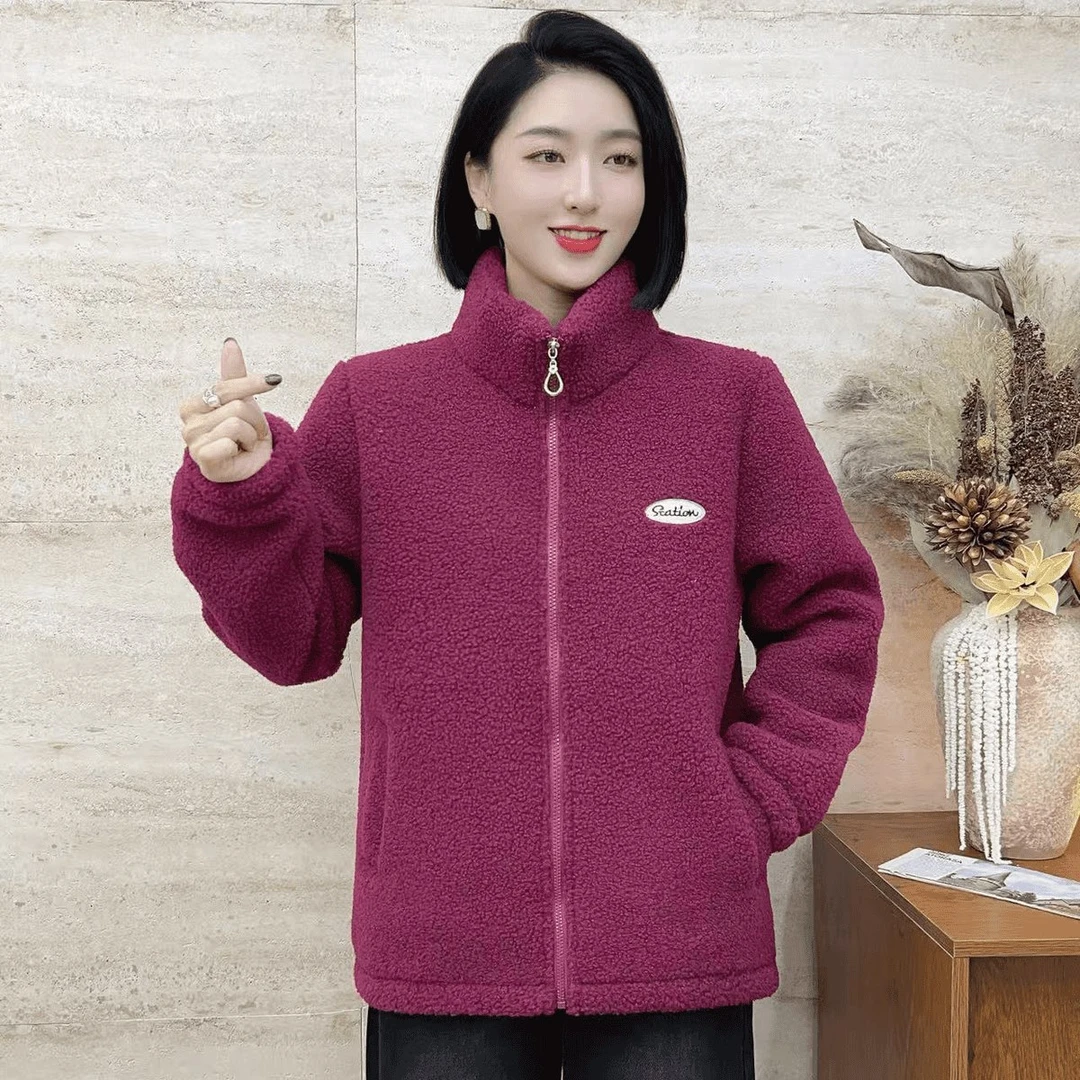 冬季保暖加绒加厚时尚气质休闲宽松秋冬女款立领中老年妈妈装外套
