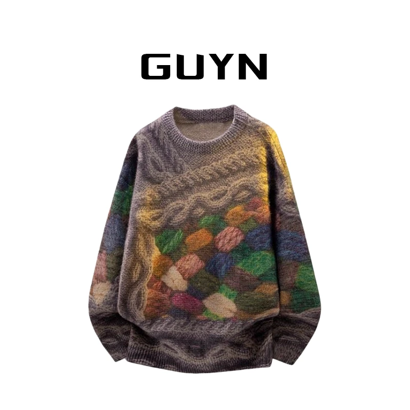 【品牌正品现货】GUYN美式潮流毛衣男秋冬针织印花休闲上衣痞帅男生