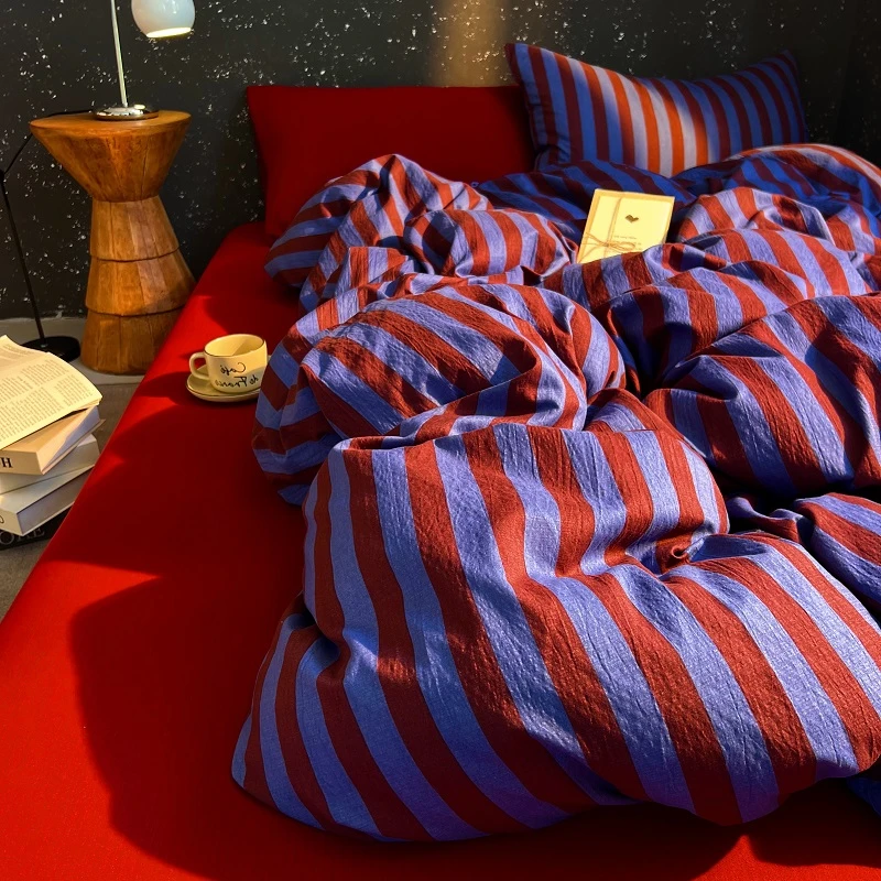 撞色条纹-木棉云感四件套高级独特红色三件套床品幻艺空间--红
