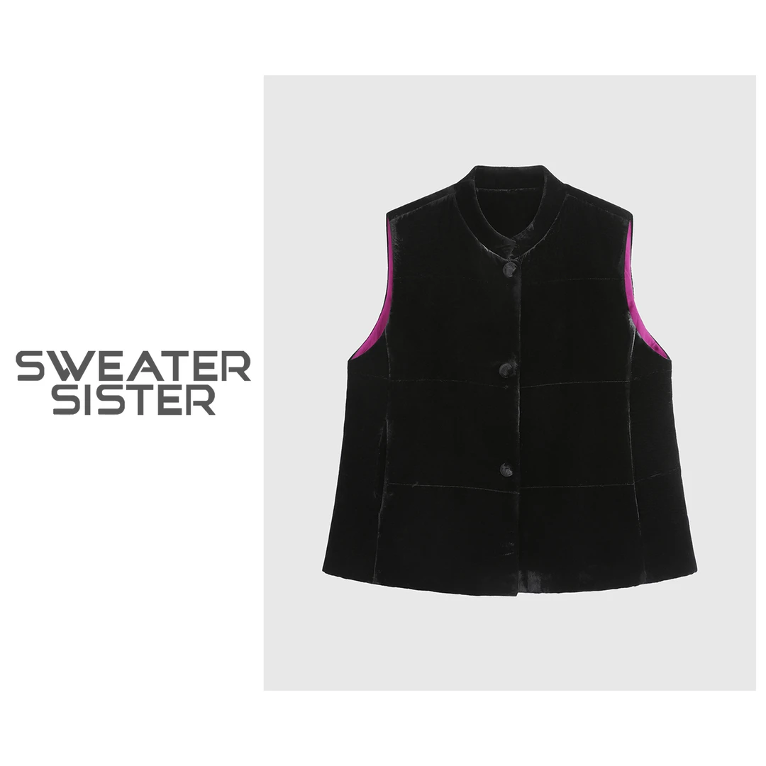 毛衣姐姐秋冬复古立领夹棉丝绒无袖马夹外套女515-01705