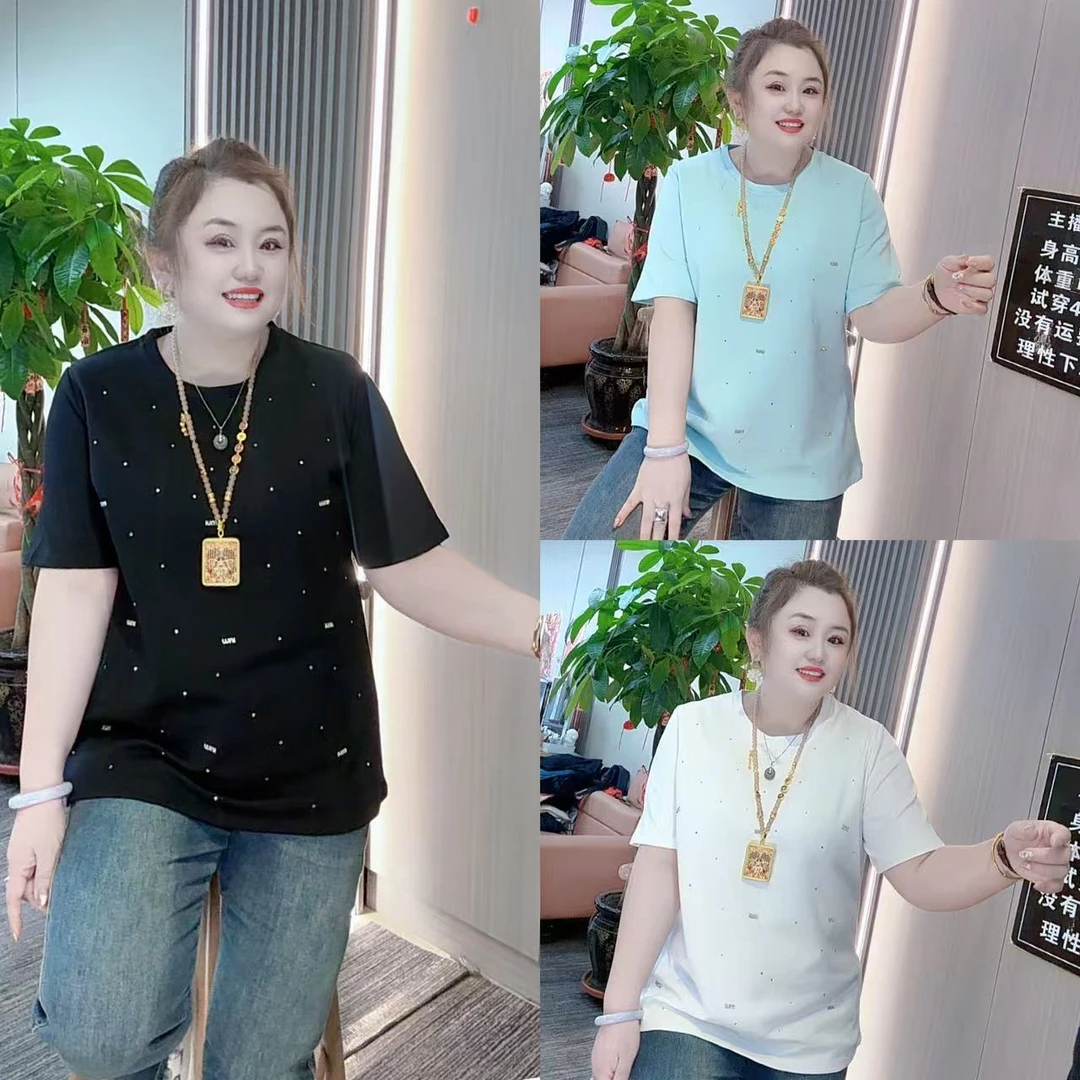 3568（丹姐家）春款烫钻圆领短袖T恤设计感气质减龄百搭上衣潮
