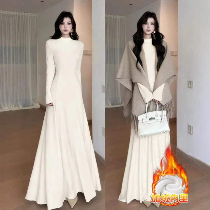 冬季加绒白色针织连衣裙冬装高级感时尚加厚长款打底内搭长裙秋冬