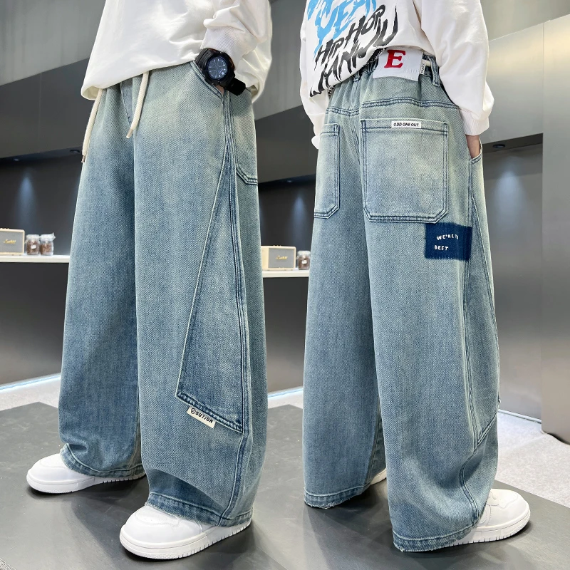 男童春季水洗软牛仔裤2025新款中大童阔腿裤胖男孩宽松休闲长裤潮