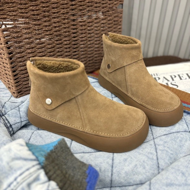 小雨家【韩版】冬季百搭圆头平跟秋冬套筒后拉链加绒保暖洋气短靴