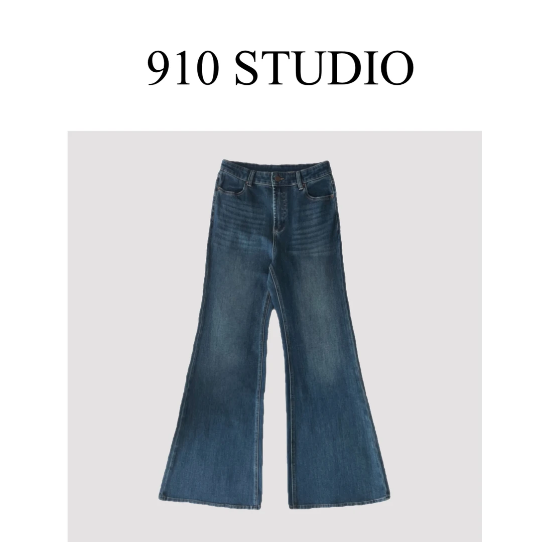 910-STUDIO  复古百搭高质感天丝高弹高腰微喇牛仔裤