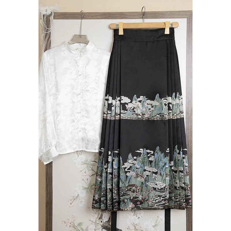 千里江山马面裙中国风2024年秋冬新款复古汉服提花重工显瘦古风