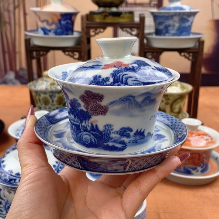 摆件陶富春山居图马蹄盖碗