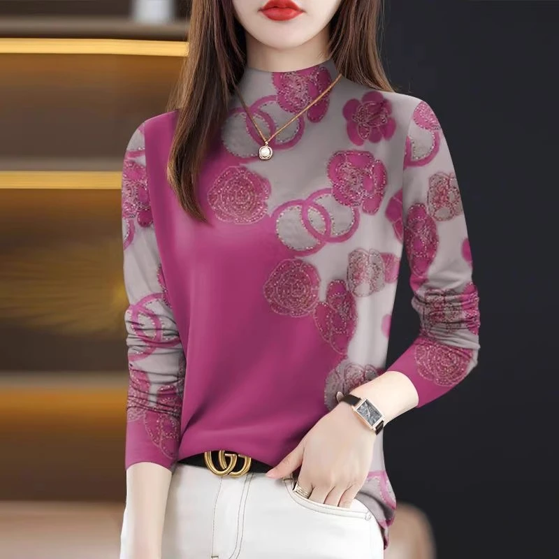 半高领打底衫女春季2025新款时尚洋气花朵设计感内搭长袖t恤上衣