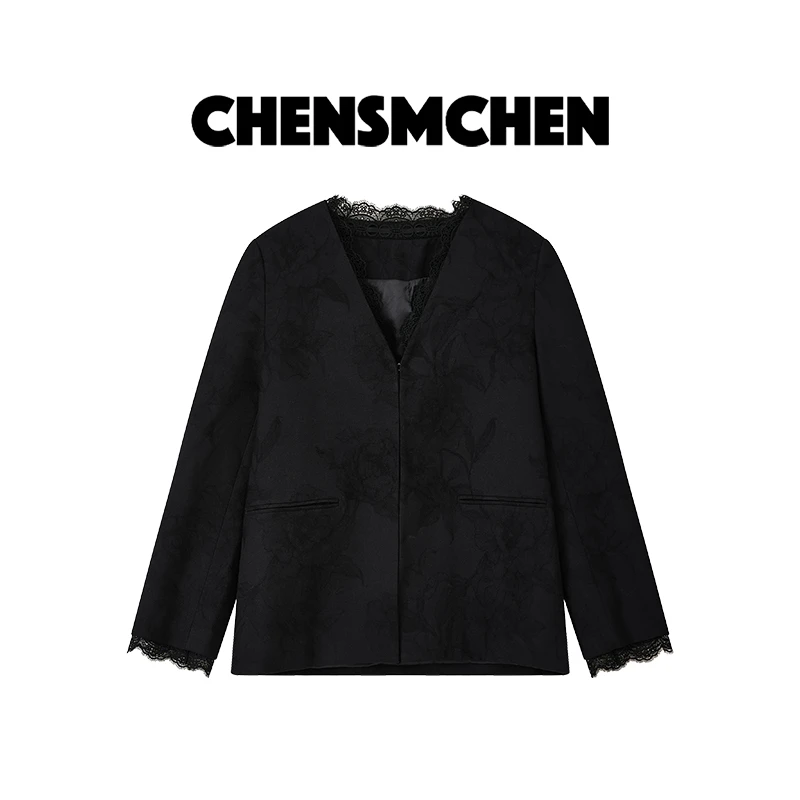 CHENSMCHEN 绵羊毛黑色V领外套女时尚休闲蕾丝拼接上衣CSW5662TT