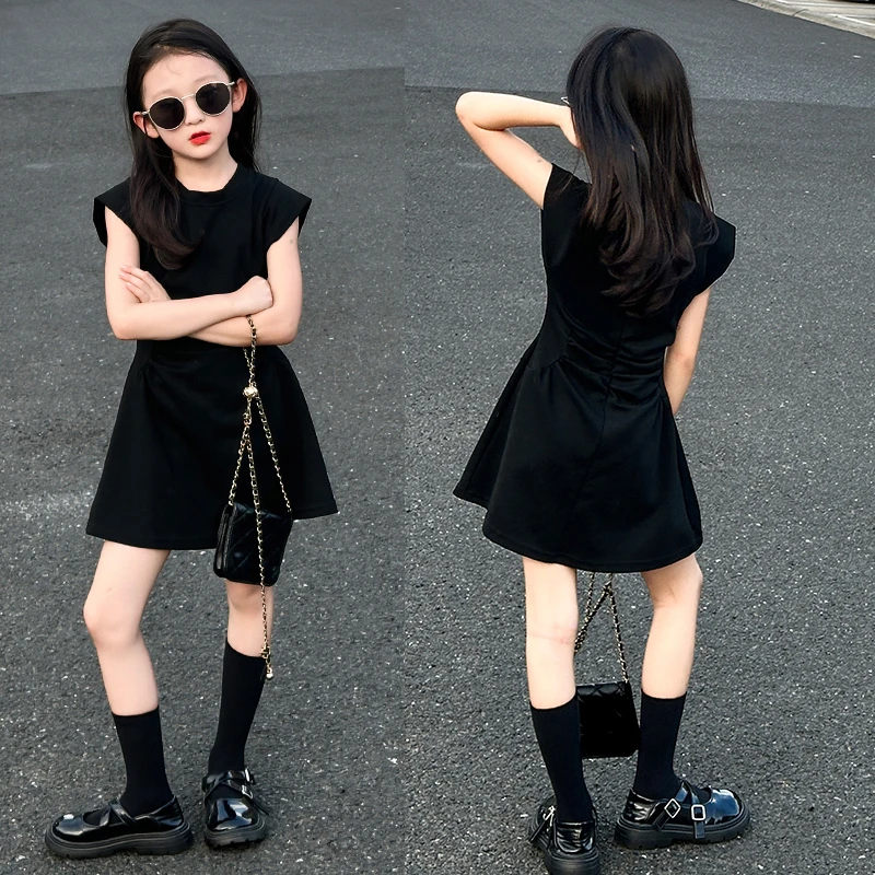 法式高级感收腰显瘦连衣裙女童夏季新款甜美风气质圆领a字裙设计