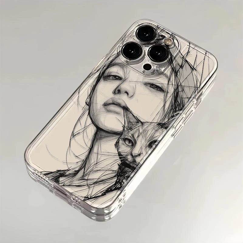 飞虎胜素描女孩与猫适用苹果16promax手机壳华为vivo小米15oppo套