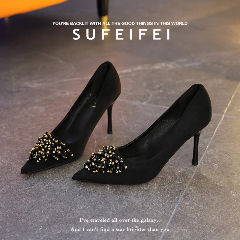 苏妃妃春季新款水钻黑色性感不累脚高跟鞋女细跟尖头气质职业鞋