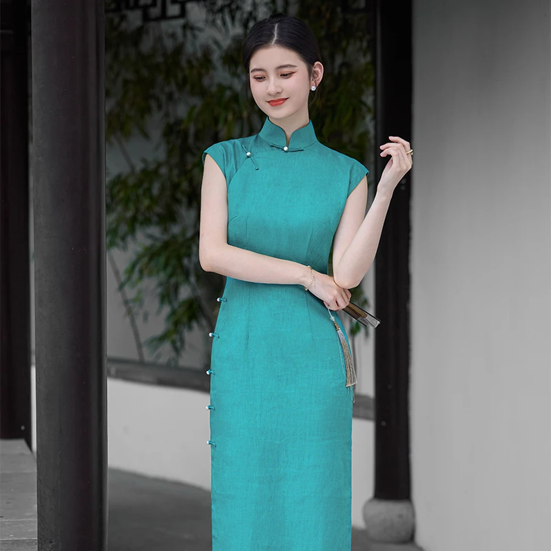 【菀舒】良辰媄锦全开襟单层古法手工亚麻中长款旗袍衣长约130CM