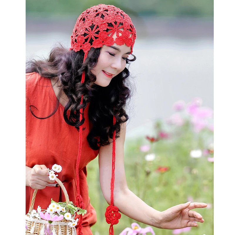 春夏镂空钩花甜美包头帽透气出游拍照流苏花朵民族风薄款手工子