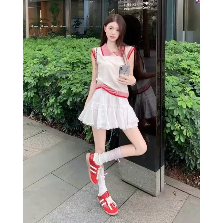 韩系polo领条纹短袖t恤加裙子女夏季新款设计感复古修身套装 1263