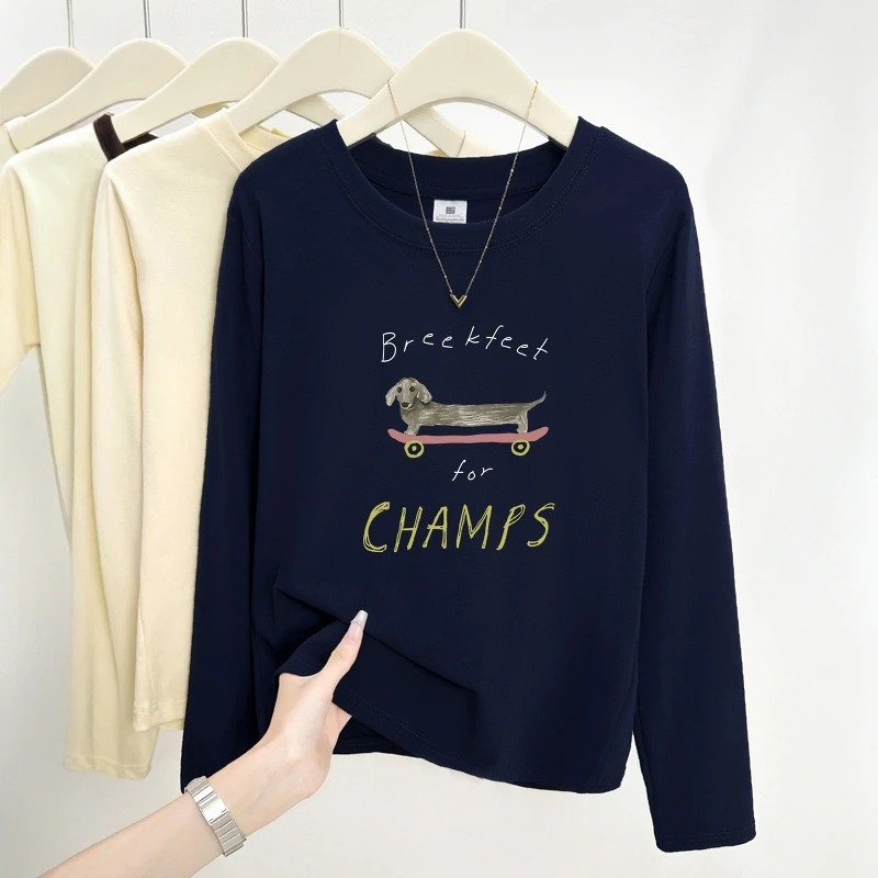 简约印花秋冬新款正肩长袖T恤女韩系小众学院风百搭圆领显瘦上衣