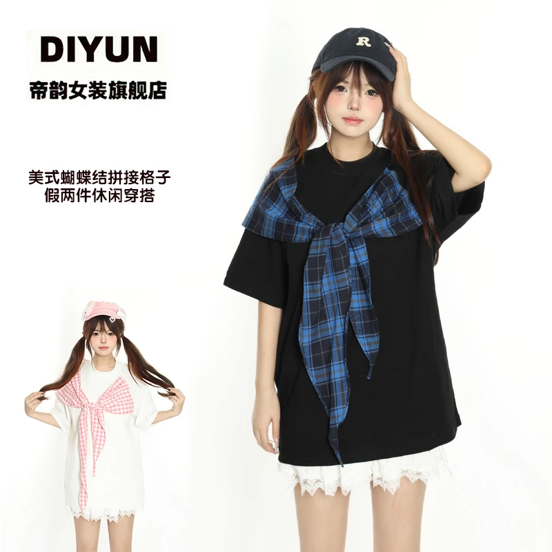 【帝韵】美式学院风蝴蝶结纯棉短袖t恤女夏慵懒风宽松拼接格子上衣