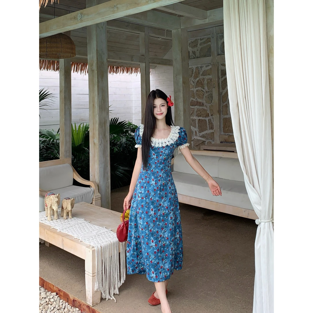 【运补六元】蕾丝拼接圆领碎花连衣裙女2025夏季设计感小众气质长裙