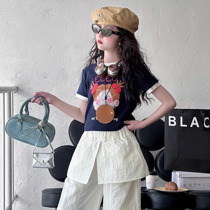女童洋气套装2025夏季新款儿童卡通短袖T恤短款工装裙裤二件套