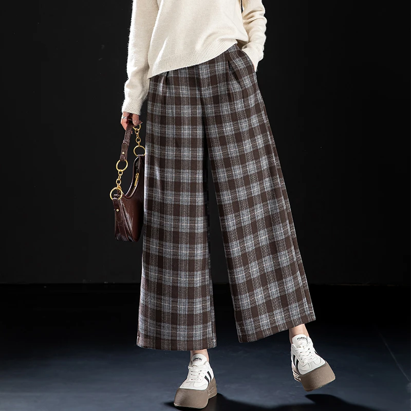 复古格纹毛呢阔腿裤女2025裤子网红款加厚秋冬高腰磨毛九分直筒裤