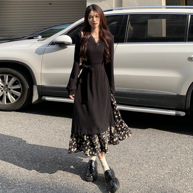 法式设计感长袖假两件碎花连衣裙女秋2025新款大码气质显瘦长裙子