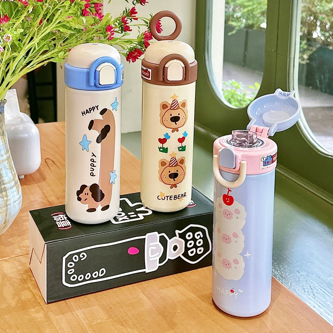 可爱学生卡通保温杯便携上学专用水杯简约不锈钢弹盖双饮吸管杯子