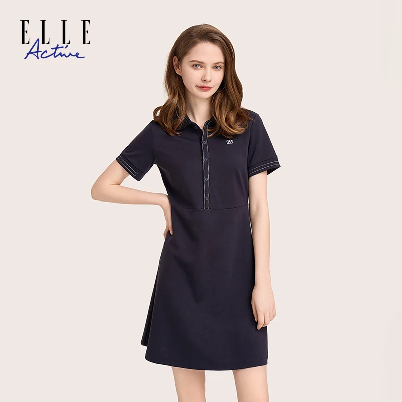 ELLE Active【小香风】夏新品女装时尚休闲通勤翻领短袖显瘦连衣裙